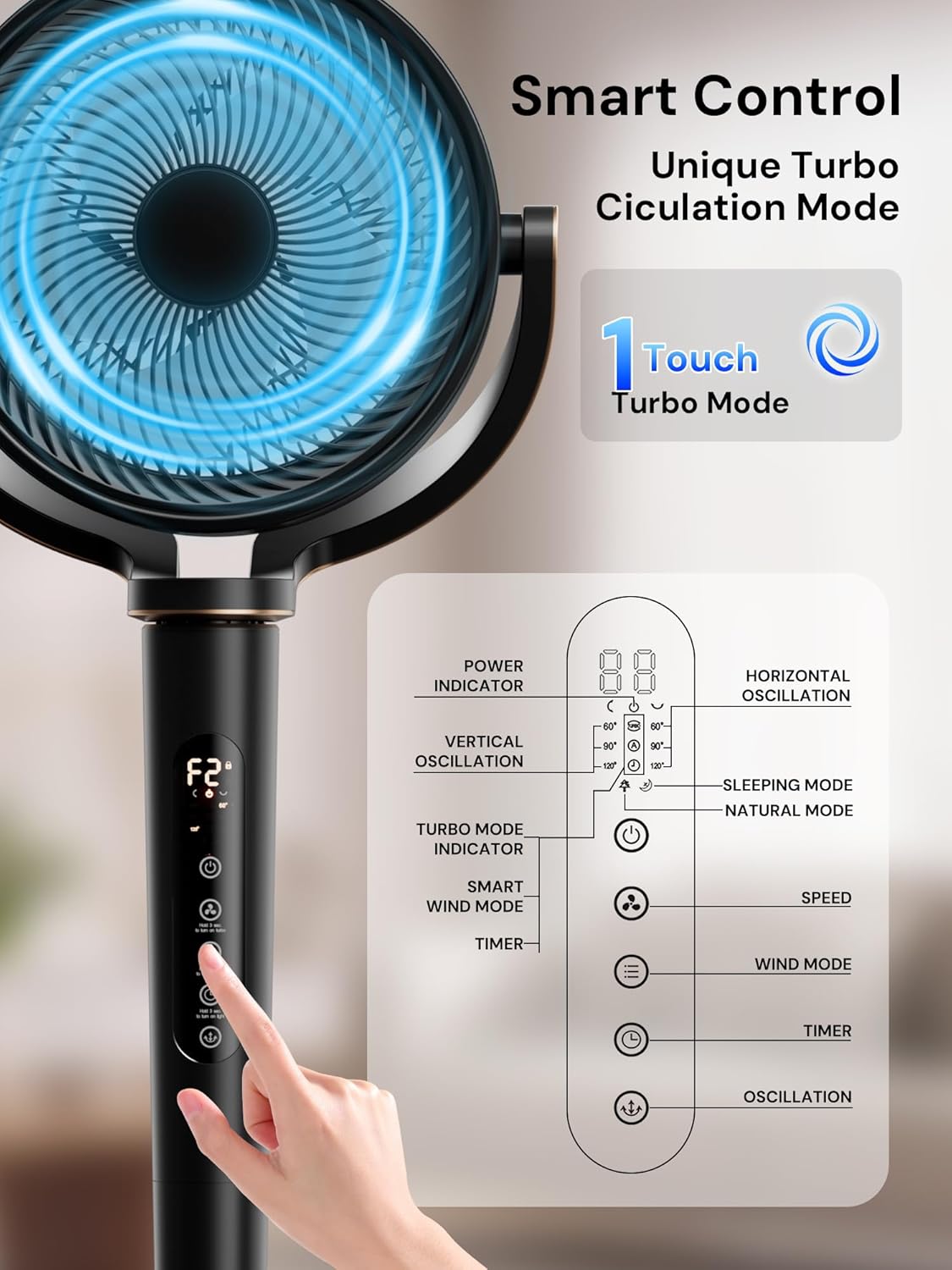 Uthfy Oscillating Fan - 120° Full-Automatic Oscillation, Quiet DC Motor, Remote Control, 16 Speeds, Black