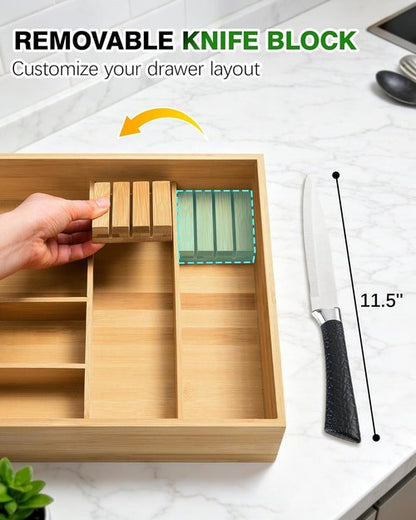 HULISEN Bamboo Utensil Drawer Organizer - 2-Tier Silverware Holder with Sliding Top & Removable Knife Slot - Deep 8-Slot Design