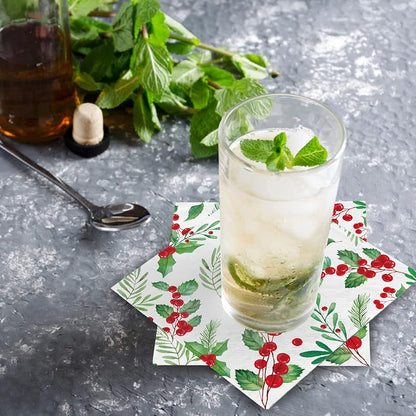 5 x 5 Inch Christmas Holly Paper Napkins Set of 80 - Seasonal Beverage Napkins