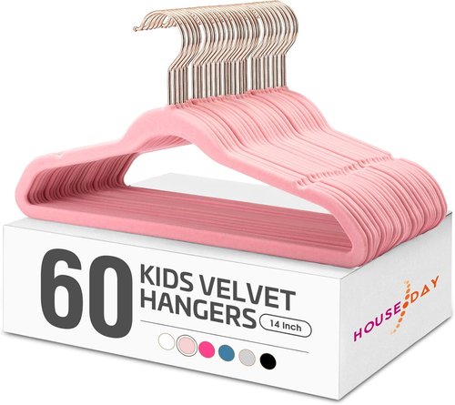 HOUSE DAY Velvet Kids Hangers - 60 Pack Premium Non-Slip 14 Inch Blush Pink Hangers for Children's Closet