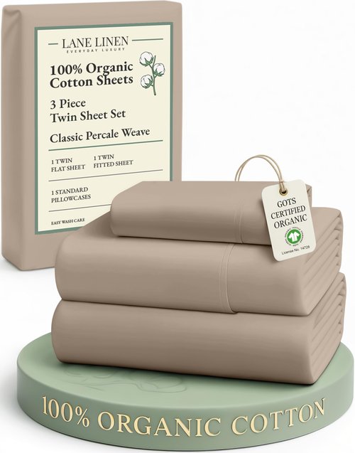 LANE LINEN 100% Organic Cotton Sheets Set Pure Long- Staple Percale Weave - Bedding for Bed Fits Mattress Upto 15in Deep Pocket (Twin Taupe)