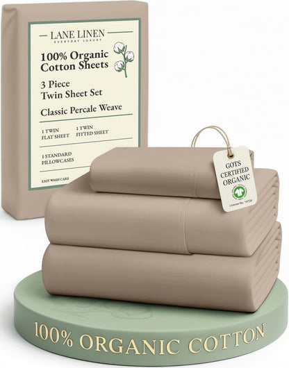 LANE LINEN 100% Organic Cotton Sheets Set Pure Long- Staple Percale Weave - Bedding for Bed Fits Mattress Upto 15in Deep Pocket (Twin Taupe)