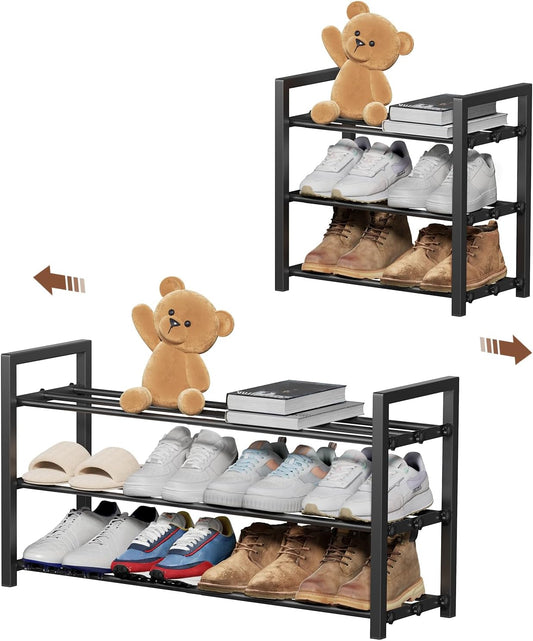 Skiennix 3-Tier Expandable Shoe Rack - Adjustable Heavy-Duty Metal Organizer for Entryway | Black