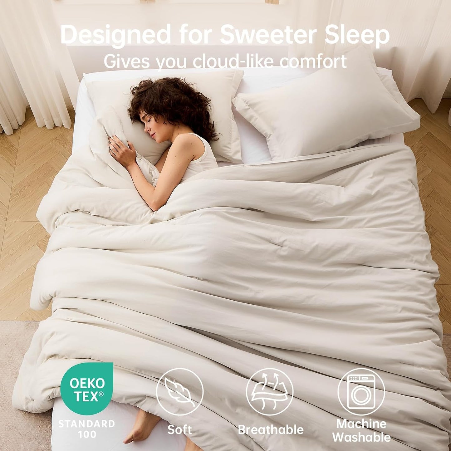 MUXHOMO Queen Size Comforter Set - Beige 3-Piece Solid Bedding for All Seasons | Lightweight Down Alternative (90"x90")