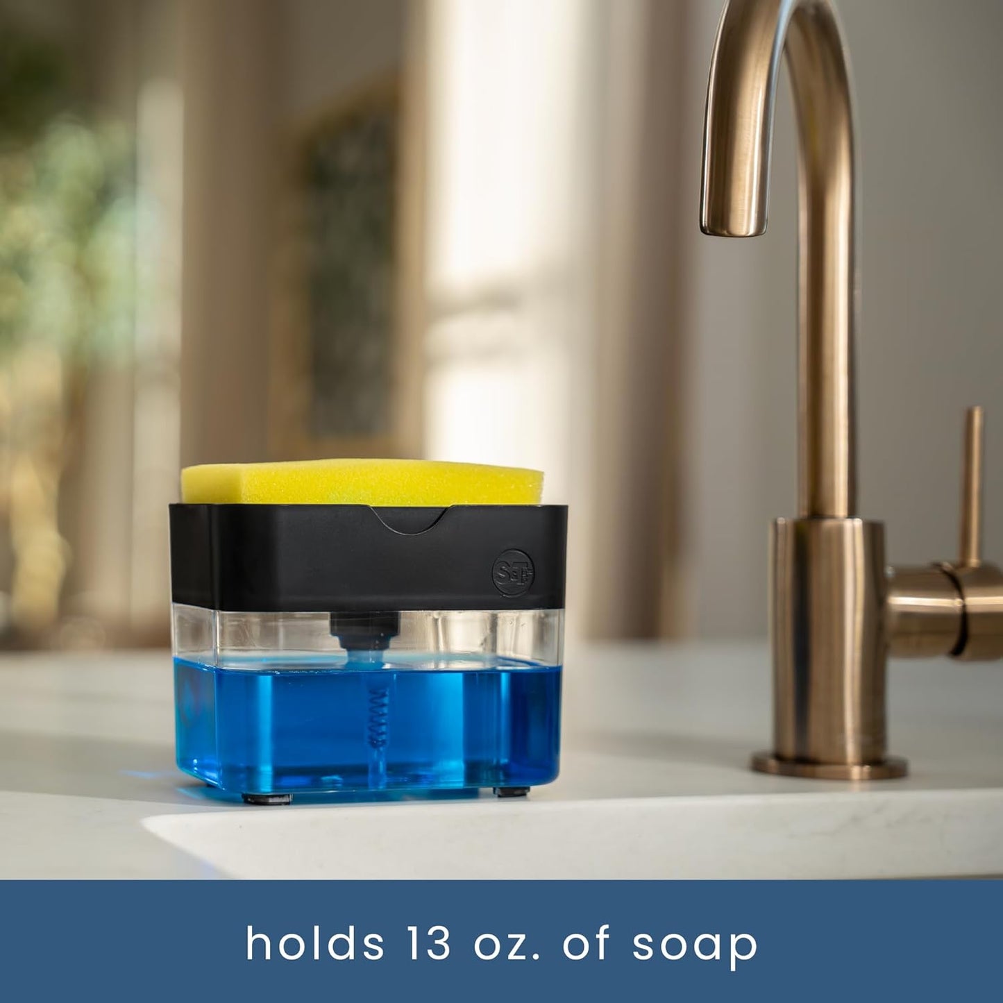 S&T INC. Dish Soap Dispenser - Kitchen Sink Sponge Holder with Enhanced Features | 13 Oz, Matte Black