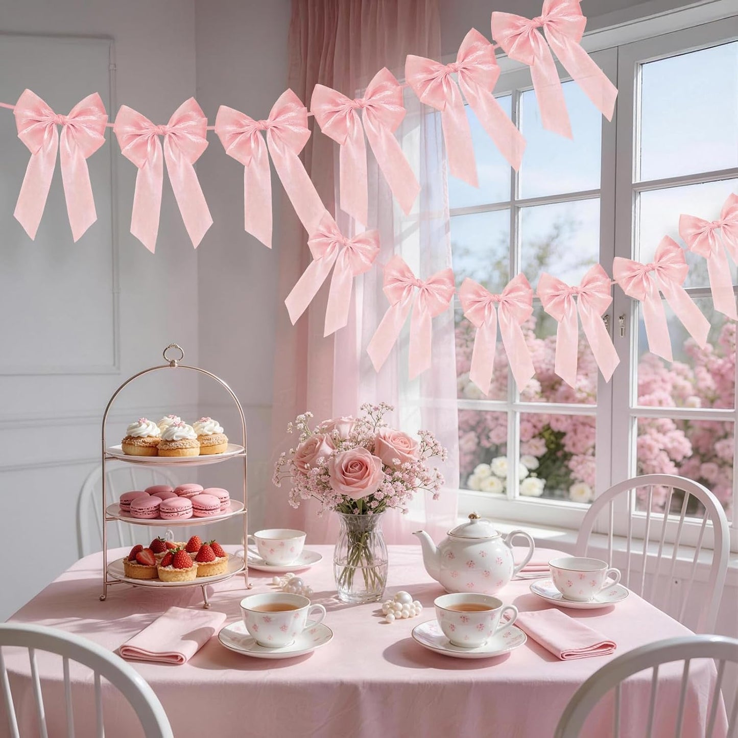 Skiennix 6.5ft Pink Bows Garland Banner - 6 Pre-Strung Bow Decorations for Birthday & Baby Showers
