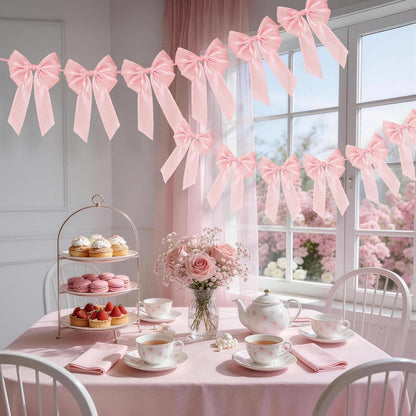 Skiennix 6.5ft Pink Bows Garland Banner - 6 Pre-Strung Bow Decorations for Birthday & Baby Showers