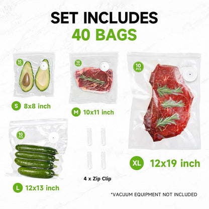 Vacuum Sealer Bags - 40 Reusable BPA-Free Bags for Meal Prep & Sous Vide Cooking | Compatible with Handheld & External Vacuum Sealers