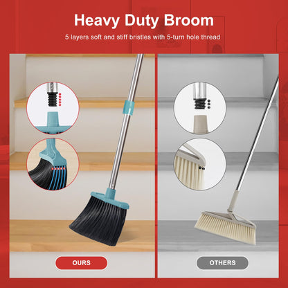 Tiumso Upgrade Broom and Dustpan Set, Broom with Dustpan Combo Set, Large Broom and Dust Pan with Handle, Self-Cleaning Dust Pans, Heavy Duty Broom and Dustpan Set for Lobby Kitchen Office - Green