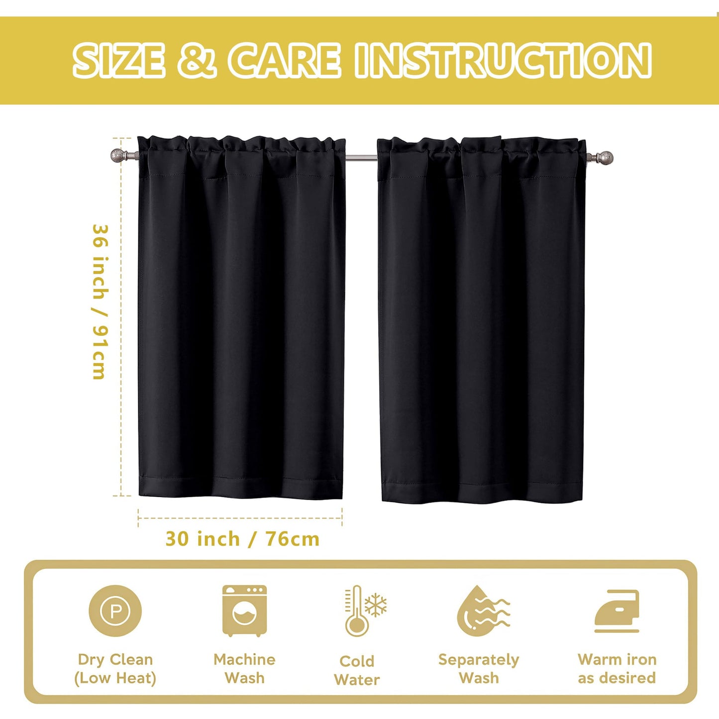 OWENIE Black Kitchen Curtains 36 Inch Length, Short Blackout Small Thermal Insulated Cafe Curtains Tier Over Sink Rod Pocket Half Window for Bathroom Bedroom Camper RV Bunk, 2 Panels, Each 30" Wx36 L