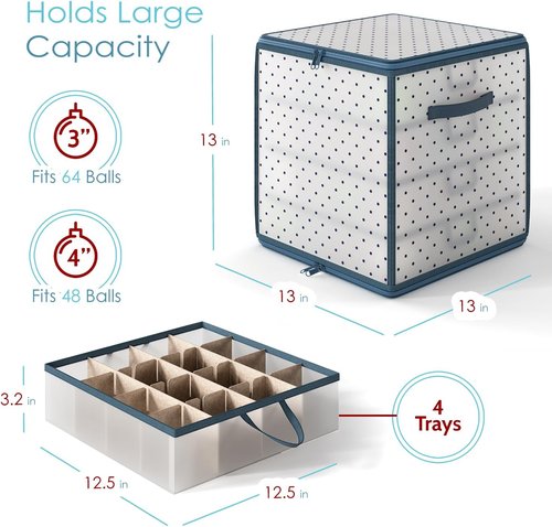 Hearth & Harbor Christmas Ornament Storage Box - Holds 64 Ornaments with 4 Inner Tray Dividers