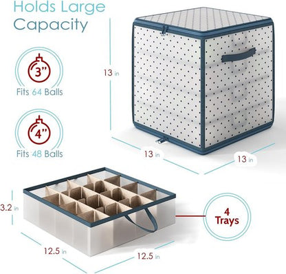 Hearth & Harbor Christmas Ornament Storage Box - Holds 64 Ornaments with 4 Inner Tray Dividers