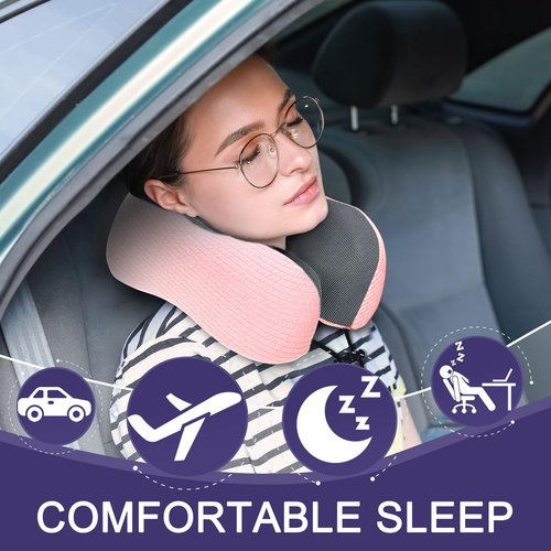 napfun Neck Pillow for Travel with Travel Pouch, Sleep Mask & Earplugs, Memory Foam Airplane Pillow for Headrest Sleep with Eyeshades, Plane Essentials with Eye Blindfold, Pink Striped Kit