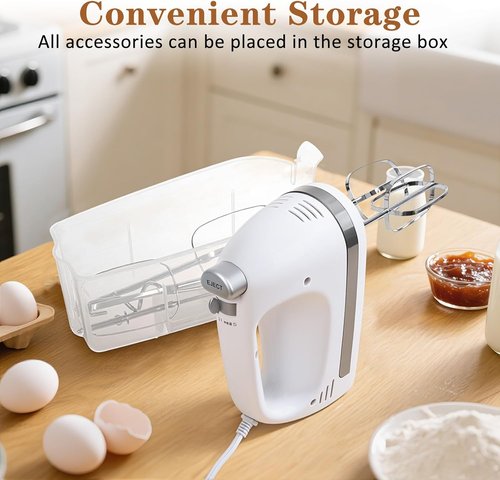 450W Electric Hand Mixer by [Brand Name] - 5-Speed Handheld Mixer with Turbo Function & Storage Case | Includes 2 Beaters & 2 Dough Hooks (White)