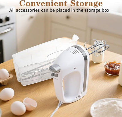 450W Electric Hand Mixer by [Brand Name] - 5-Speed Handheld Mixer with Turbo Function & Storage Case | Includes 2 Beaters & 2 Dough Hooks (White)