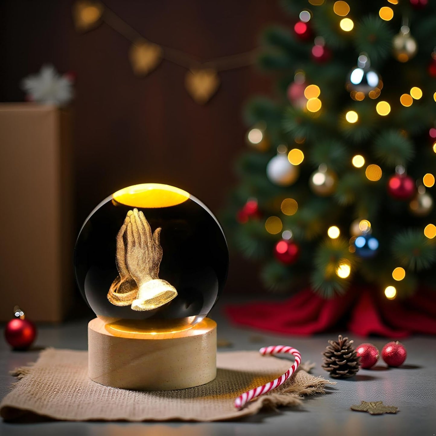 3D Hands Prayer Crystal Ball by [Brand Name] - Religious Christian Glass Figurine Night Light | 2.36-Inch Wooden Base Home Decor Gift
