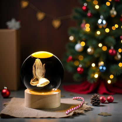3D Hands Prayer Crystal Ball by [Brand Name] - Religious Christian Glass Figurine Night Light | 2.36-Inch Wooden Base Home Decor Gift