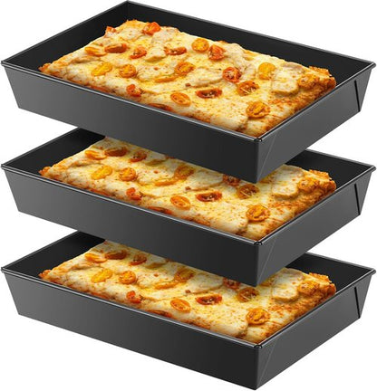 Detroit Style Pizza Pan Set - Non-Stick Deep Rectangle Bakeware | Pre-Seasoned Carbon Steel, 10 x 14 x 2.36 Inch
