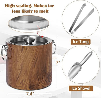 Ice Bucket with Lid & Tong- Well Made Insulated Stainless Steel Keep Ice Frozen Longer - Ideal for Cocktail Bar, Parties, Chilling Wine, Champagne - 3 Liter (Teakwood)