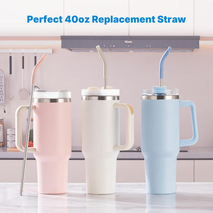 Skiennix Metal Straw Set - Silicone Tip & Stainless Steel for 40oz Stanley Cup | 2 Straws + Brush (Cream Grey)