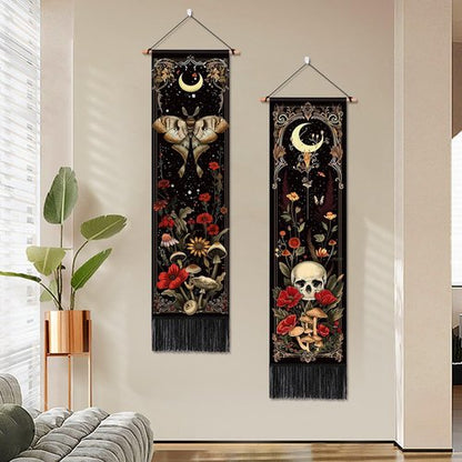 ARTCREATOR Gothic Wall Tapestry - Witchy Moth & Moon Design | Retro Floral Bedroom Decor (12.8 x 51.2 in)