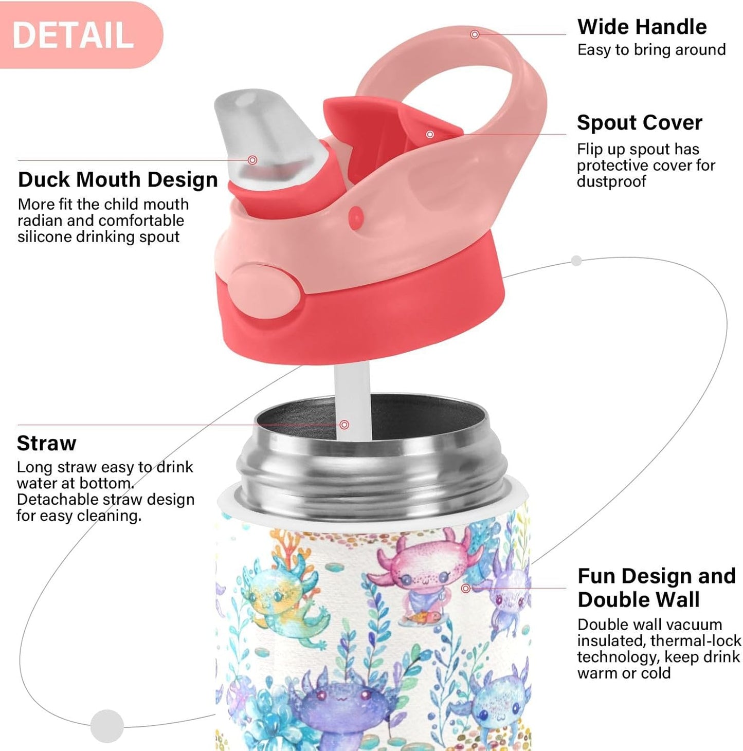Skiennix Cute Axolotl Stainless Steel Water Bottle - 12 Oz Vacuum Insulated for Kids & Girls