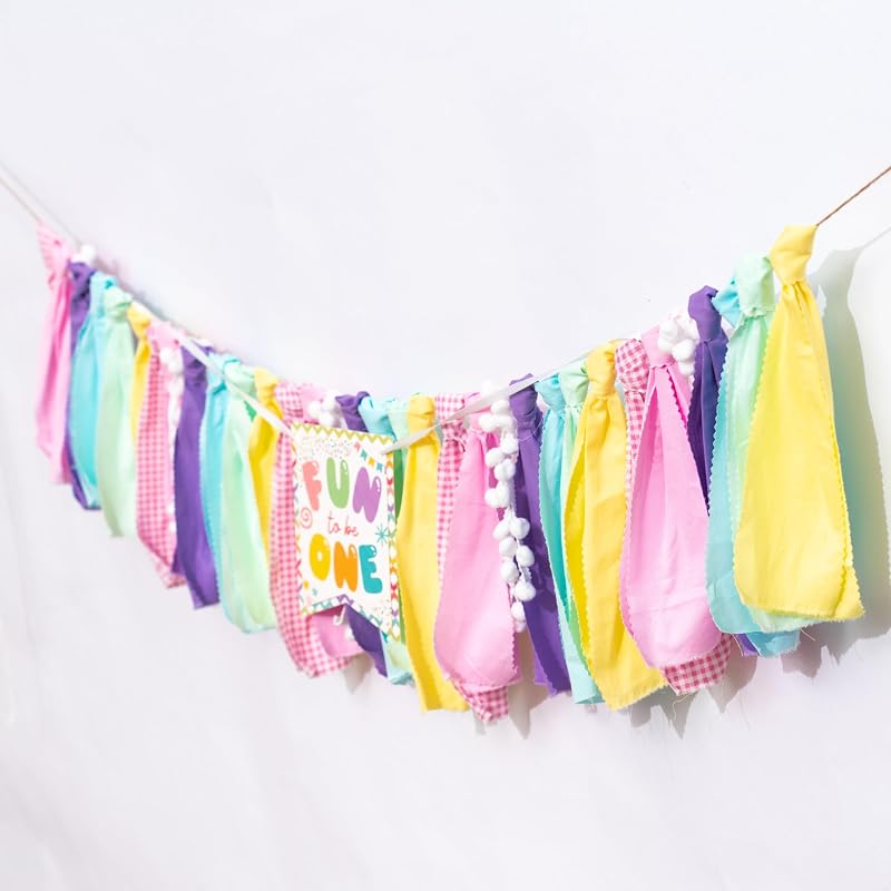 Fun to Be One High Chair Banner - Pre-Strung Pastel Fabric World Baby Party Décor