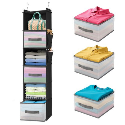 BIEBOS 6-Tier Hanging Closet Organizer with 3 Drawers and Side Pockets – Multi-Functional Storage for Shoes, Belts, Purses, and Clothing