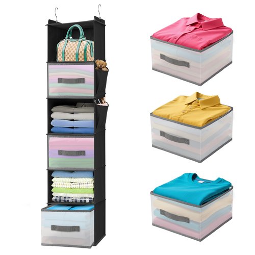BIEBOS 6-Tier Hanging Closet Organizer with 3 Drawers and Side Pockets – Multi-Functional Storage for Shoes, Belts, Purses, and Clothing