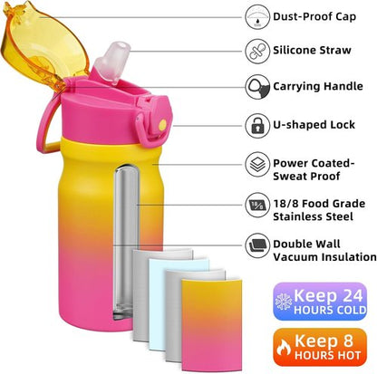 BJPKPK Insulated Water Bottle - 14oz Stainless Steel Flask with Straw & Leak-Proof Lid | Rainbow