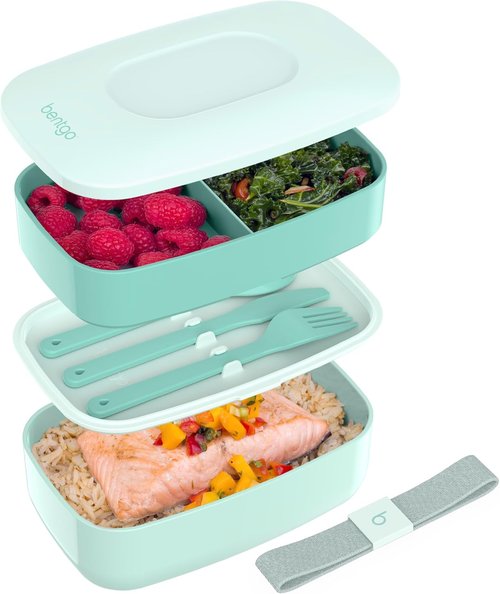 Bentgo Classic - Stackable 3-Compartment Bento Box with Utensil Set | BPA-Free Meal Prep Container (Coastal Aqua)