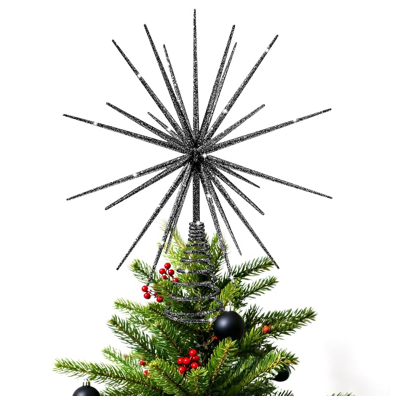 13.7 Inch Black Christmas Tree Topper - 3D Burst Exploding Star, LGFMGWH Variation Black