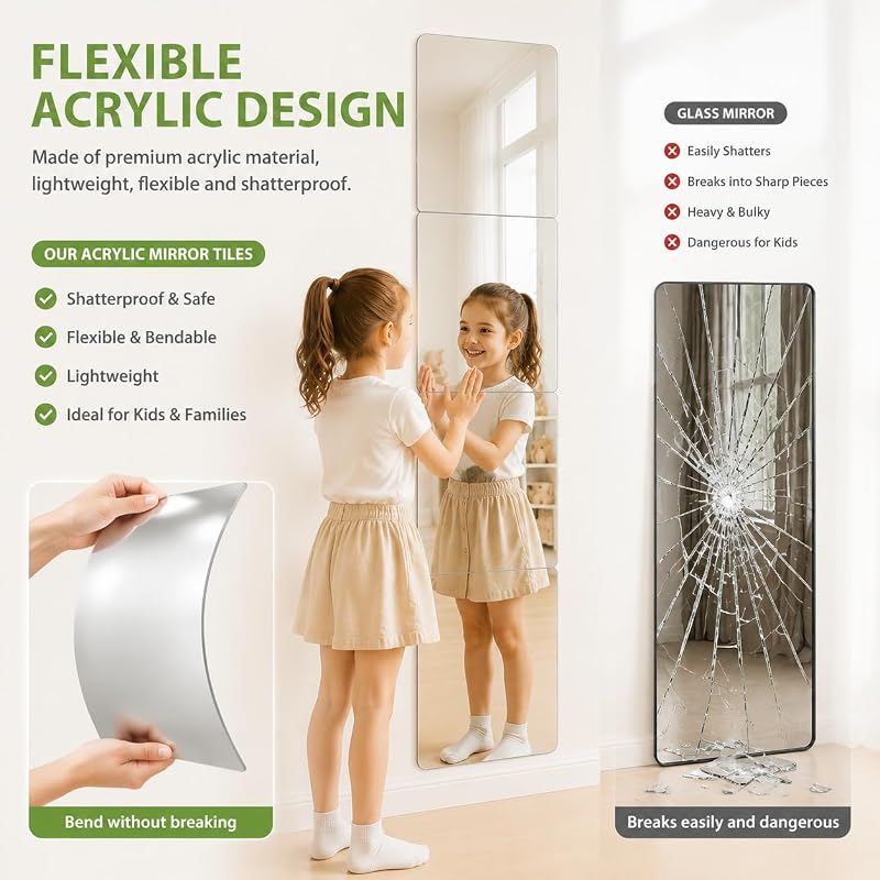 Shatterproof Acrylic Mirror Tiles, 12x12 inch, 4 Pack for Kids Rooms