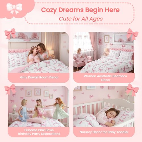 Erosebridal Twin Bedding Set - Cute Pink Bow Comforter for Girls | Kawaii Room Decor with 1 Pillowcase