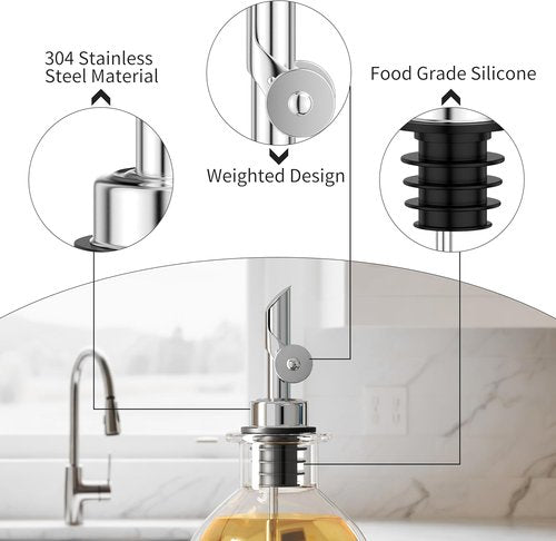 Auto Flip Liquor Pour Spouts 2-Pack, Leak-Proof 304 Stainless Steel Wine Pourer & Olive Oil Dispenser with Food-Grade Silicone for Kitchen, Bar, Restaurant (Silver)