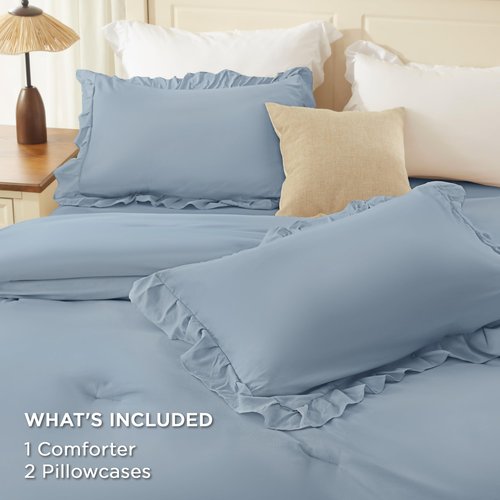 Andency Grayish Blue Full Size Comforter Set, 3 Pieces Lightweight Fluffy Shabby Chic Ruffle Bedding Comforter Sets, All Season Soft Microfiber Bed Set for Kids, Boys, Men(79x90Inch)