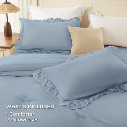Andency Grayish Blue Full Size Comforter Set, 3 Pieces Lightweight Fluffy Shabby Chic Ruffle Bedding Comforter Sets, All Season Soft Microfiber Bed Set for Kids, Boys, Men(79x90Inch)