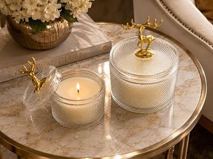 Christmas Reindeer Glass Candy Jars with Lids - Set of 2 Crystal Diamond-Cut Jars