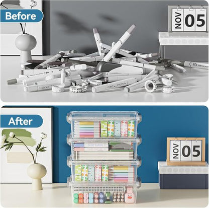 BiuLeon Extra Large Pencil Box Set - Clear Plastic Organizer for Art Supplies | Stackable Craft Storage (Grey)