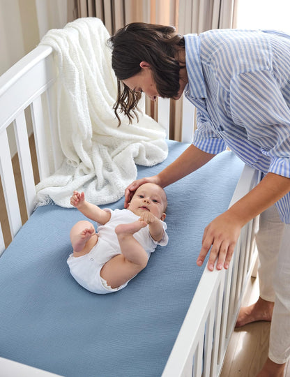Momcozy Muslin Standard Fitted Crib Sheets, 52"x28", 2 Pack Soft Breathable Natural Cotton Baby Mattress Sheet, 360° Mattress Wrapping No Slip Boys Girls Neutral Toddler Bed Sheet, Blue Star Moon