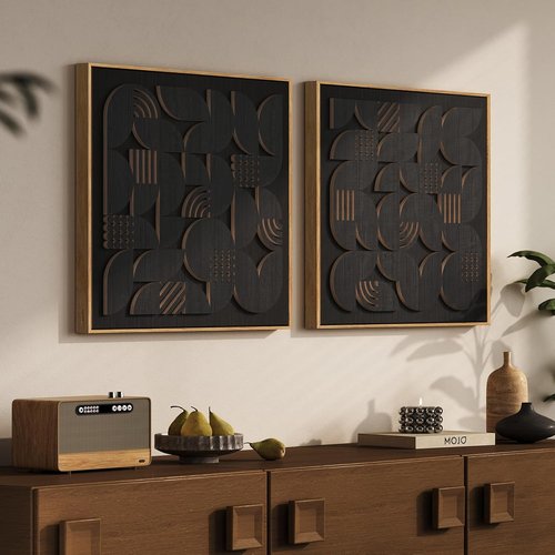 Framed 3D Black Abstract Wood Wall Art - Set of 2 Modern Geometric Paintings | Minimalist Decor for Living Room, Bedroom, Office - 24x24 Inch