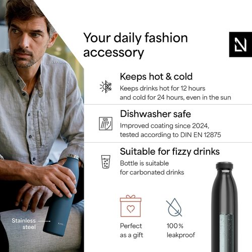 LARS NYSØM Stainless Steel Insulated Water Bottle - Leakproof Thermo Flask for Hot & Cold Beverages | 25.4oz Carbon Black