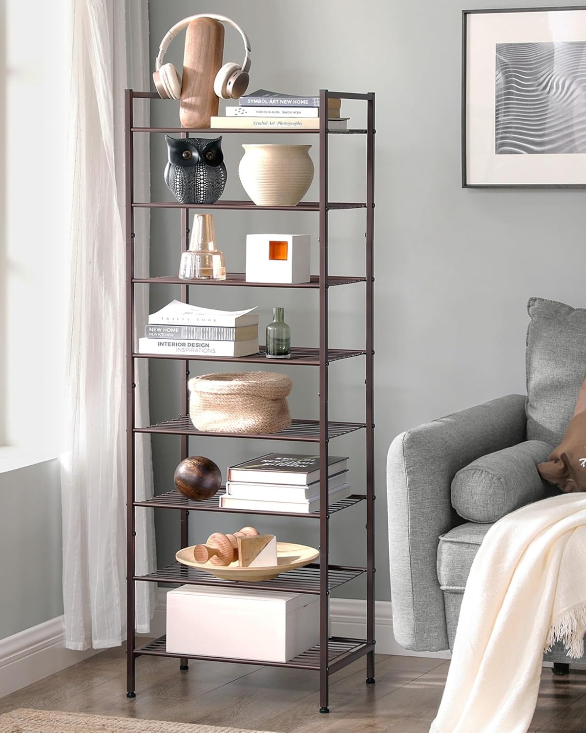 SONGMICS Narrow Shoe Rack - Sturdy 8-Tier Metal Organizer for Small Spaces | Bronze, 12"D x 17.6"W x 50.6"H