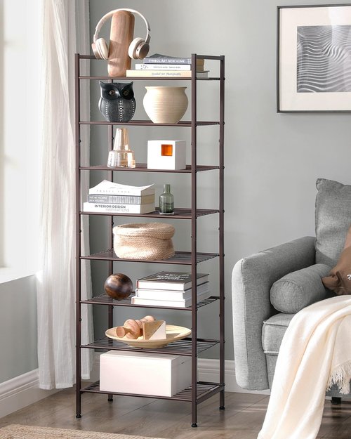 SONGMICS Narrow Shoe Rack - Sturdy 8 Tier Metal Tall Shoe Rack Shelf, Slim Shoe Storage Organizer for Closet Entryway Small Spaces, Bronze, 12"D x 17.6"W x 50.6"H