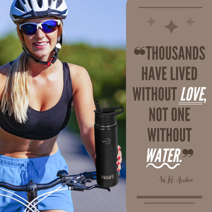 Leak Proof Water Bottle with Straw 22oz | Insulated Double Walled Stainless Steel Metal Thermos Bottles for Men, Women & Kids | Reusable Sports BPA Free Flask for Gym Sports | Wave Retail | Black