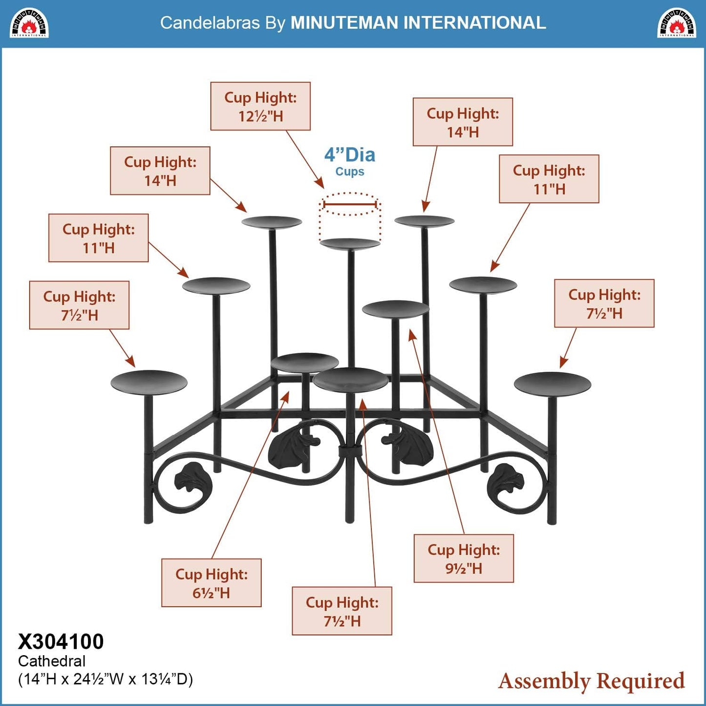 Minuteman International Cathedral Wrought Iron Fireplace Candelabra - Elegant Hearth Decor