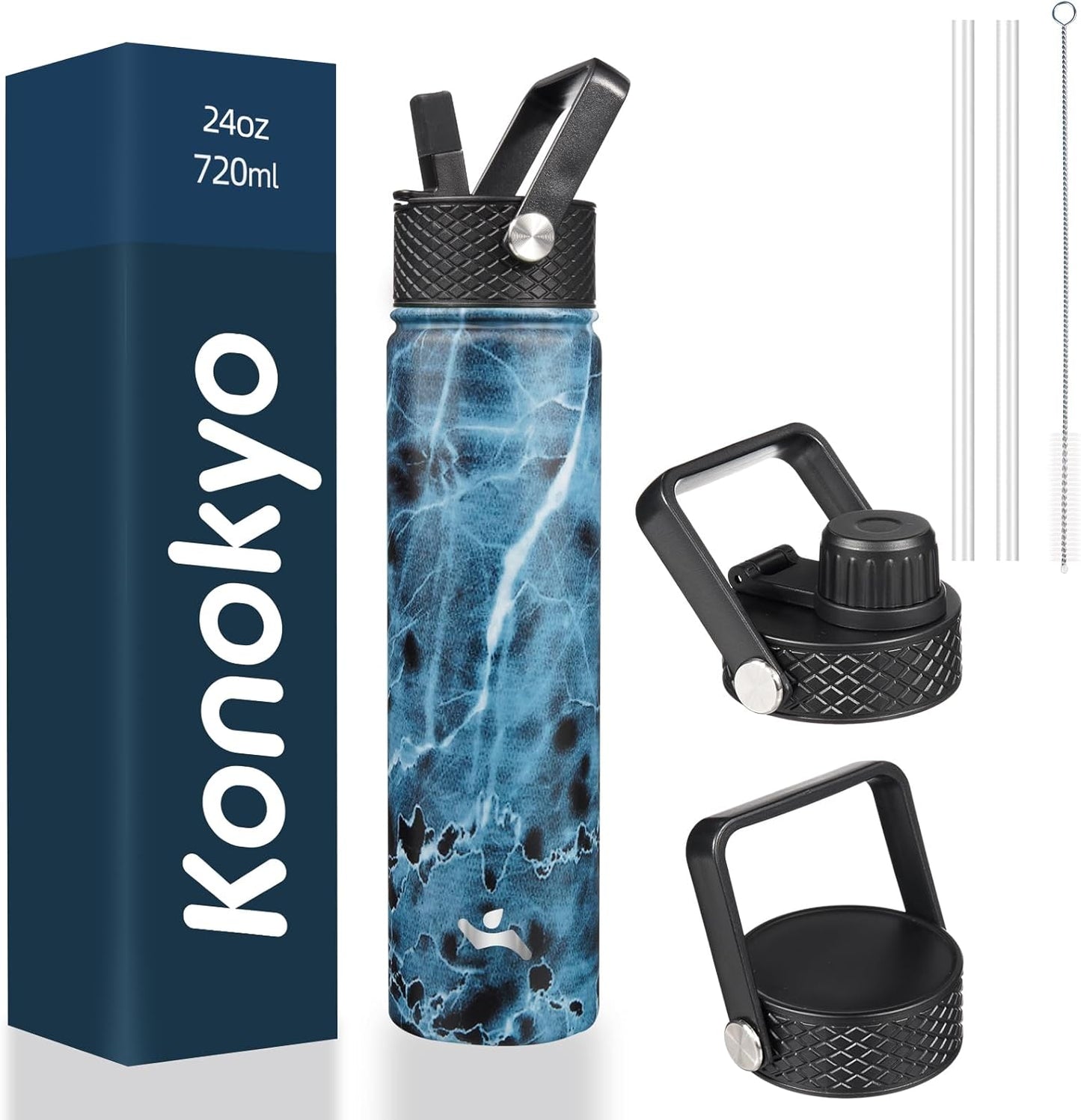 Skiennix Insulated Water Bottle - 24oz Stainless Steel Sport Bottle with 3 Lids | Marble Ocean Design