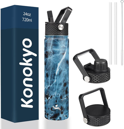 Skiennix Insulated Water Bottle - 24oz Stainless Steel Sport Bottle with 3 Lids | Marble Ocean Design