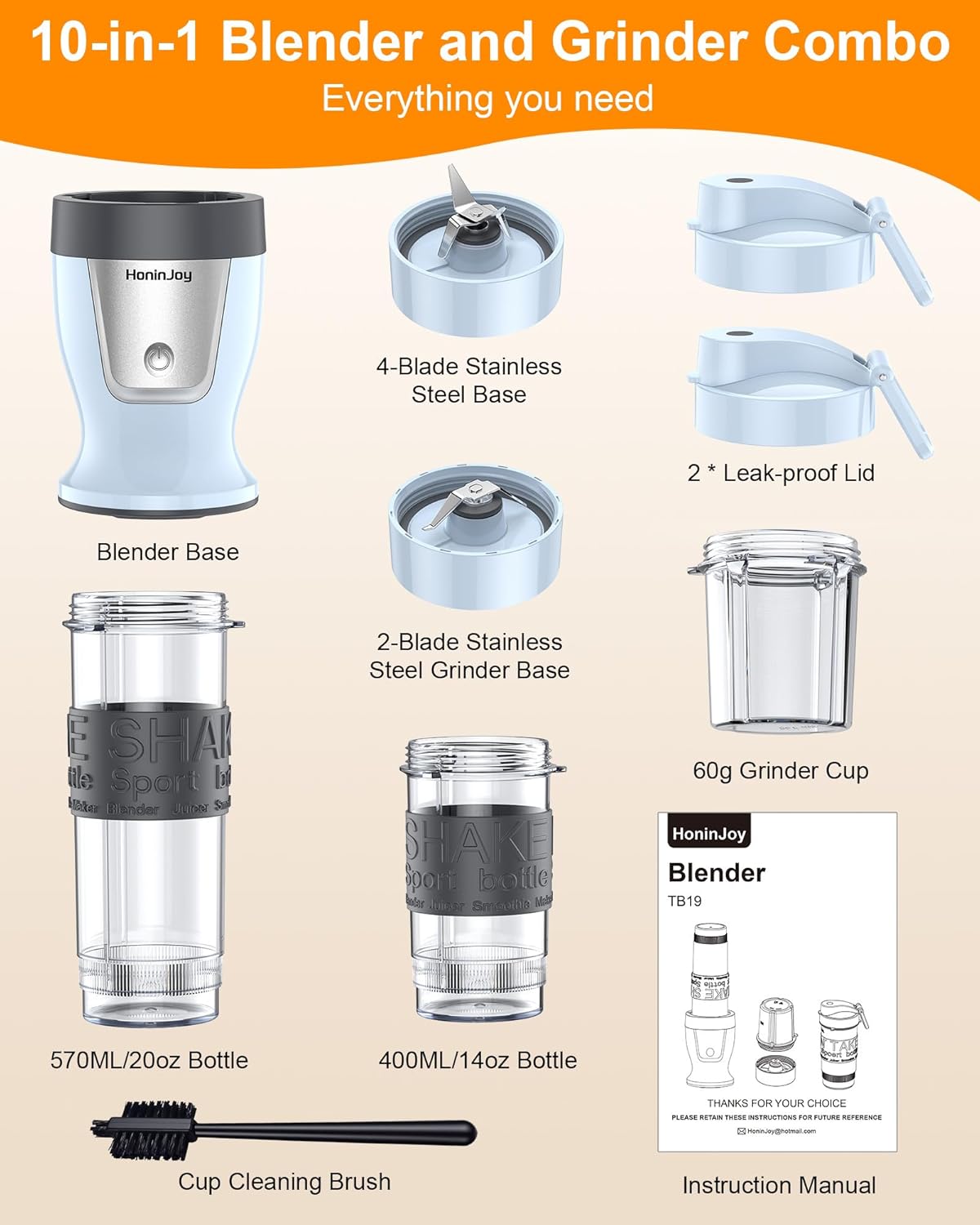 Skiennix Smoothie Blender - 650W Personal Blender with Grinder Cup & 2 BPA-Free Portable Cups (20oz + 14oz) - Perfect for Juices & Shakes, Blue
