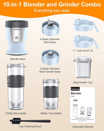 Skiennix Smoothie Blender - 650W Personal Blender with Grinder Cup & 2 BPA-Free Portable Cups (20oz + 14oz) - Perfect for Juices & Shakes, Blue